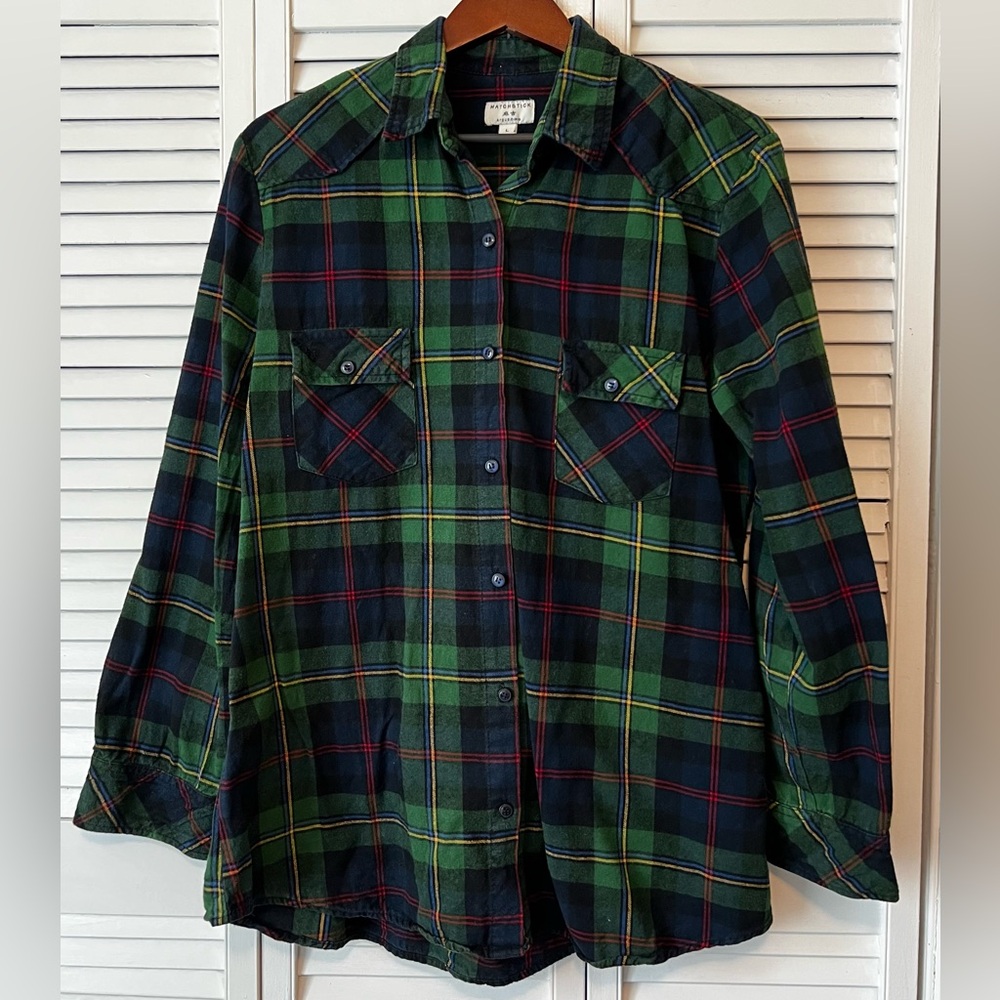 Matchstick Argus Womens Plaid Flannel Shirt Green Blue Red Roll Tab Sleeve Large